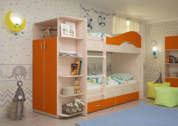 Кровать Мая двухъярусная с ящиками и шкафом Млечный дуб/Оранжевый в Нижнем Ингаше - nizhnij-ingash.mebel54.com | фото