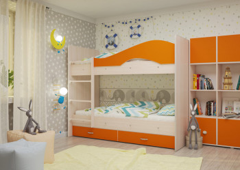 Кровать Мая двухъярусная с ящикамиМлечный дуб/Оранжевый в Нижнем Ингаше - nizhnij-ingash.mebel54.com | фото