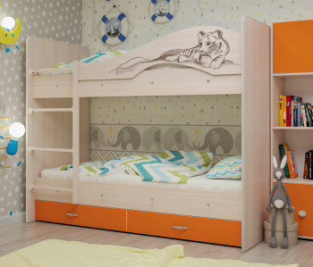Кровать Мая-Сафари двухъярусная с ящикамиМлечный дуб/Оранжевый в Нижнем Ингаше - nizhnij-ingash.mebel54.com | фото