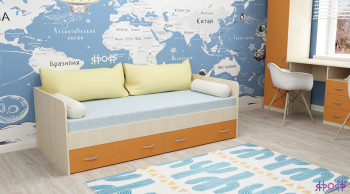 Кровать с выкатными ящиками Дуб Молочный/Оранжевый в Нижнем Ингаше - nizhnij-ingash.mebel54.com | фото