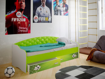 Кровать Софа-8 с мягкой спинкой фотопечать Футбол (900х1900) Белый/Лайм в Нижнем Ингаше - nizhnij-ingash.mebel54.com | фото