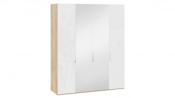 Шкаф комбинированный с 2 глухими и 2 зеркальными дверями «Эмбер» Яблоня Беллуно/Белый глянец в Нижнем Ингаше - nizhnij-ingash.mebel54.com | фото
