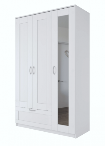 Шкаф трехдверный Сириус с зеркалом и 1 ящиком белый в Нижнем Ингаше - nizhnij-ingash.mebel54.com | фото